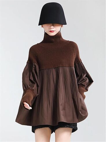 Women Black Pleated Big Size Knitting Turtleneck Sweater Loose Fit Long Sleeve Knit Tops in Saudi Arabia