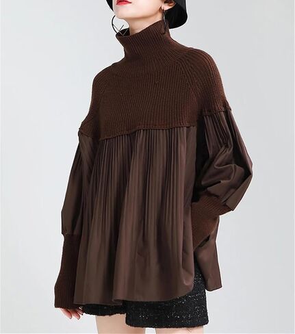 Women Black Pleated Big Size Knitting Turtleneck Sweater Loose Fit Long Sleeve Knit Tops in Saudi Arabia