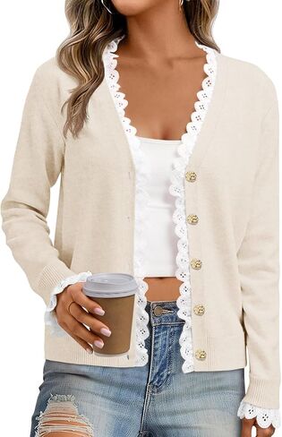 جرس Cicy Womens Lace V رقبة Cardigan Sensters زر أسفل الأكمام الطويلة متماسكة قمم الخريف العصرية خفيفة الوزن سترة الأمامية مفتوحة in Saudi Arabia