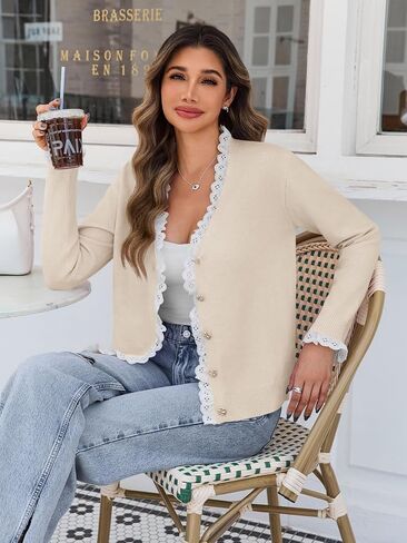 جرس Cicy Womens Lace V رقبة Cardigan Sensters زر أسفل الأكمام الطويلة متماسكة قمم الخريف العصرية خفيفة الوزن سترة الأمامية مفتوحة in Saudi Arabia