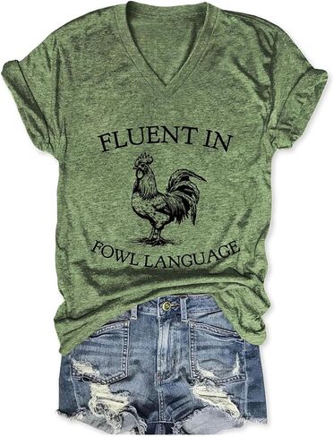 Fluent in Fowl Language Shirt Chicken V Neck T Shirts for Women Funny Graphic Tees Short Sleeve Tops in Kuwait