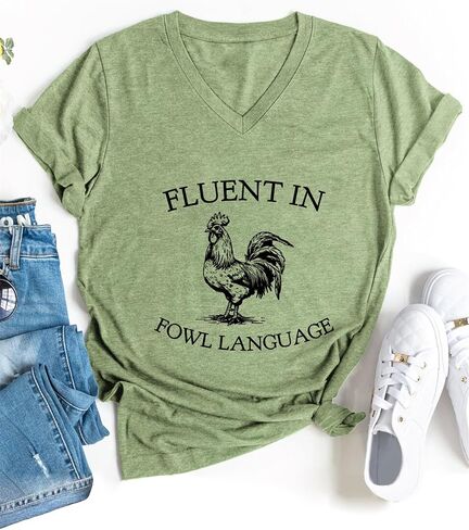 Fluent in Fowl Language Shirt Chicken V Neck T Shirts for Women Funny Graphic Tees Short Sleeve Tops in Kuwait