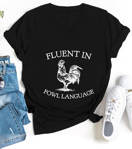 Fluent in Fowl Language Shirt Chicken V Neck T Shirts for Women Funny Graphic Tees Short Sleeve Tops in Saudi Arabia