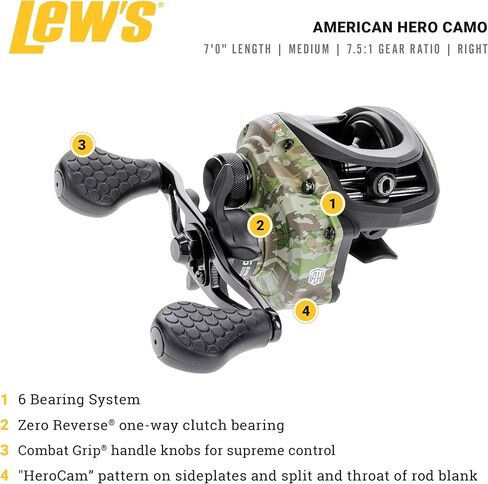 Lew's American Hero Camo Baitcast Reel and Fishing Rod Combo, IM7 Graphite Rod, 5+1 Bearings, 7.5:1 Gear Ratio, One-Piece Graphite Frame, Camo/Black in Kuwait