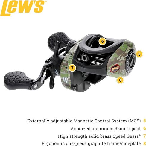 Lew's American Hero Camo Baitcast Reel and Fishing Rod Combo, IM7 Graphite Rod, 5+1 Bearings, 7.5:1 Gear Ratio, One-Piece Graphite Frame, Camo/Black in Kuwait