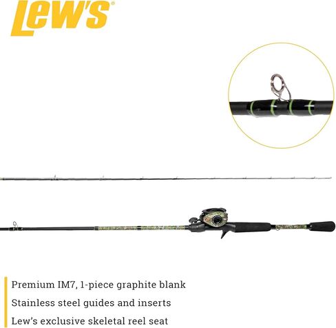 Lew's American Hero Camo Baitcast Reel and Fishing Rod Combo, IM7 Graphite Rod, 5+1 Bearings, 7.5:1 Gear Ratio, One-Piece Graphite Frame, Camo/Black in Kuwait