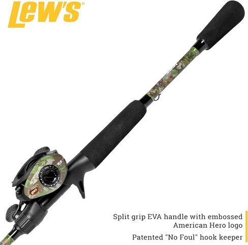 Lew's American Hero Camo Baitcast Reel and Fishing Rod Combo, IM7 Graphite Rod, 5+1 Bearings, 7.5:1 Gear Ratio, One-Piece Graphite Frame, Camo/Black in Kuwait