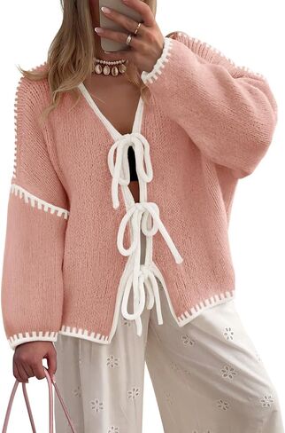 ZESICA Women's Tie Front Bow Cardigan Sweaters 2025 Casual Long Sleeve Knit Color Block Fall Winter Clothing Coats in Saudi Arabia