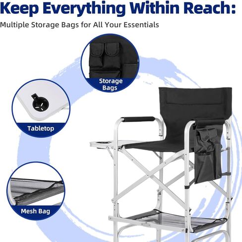Tall Directors Chair, Folding Makeup Chair with Folding Tabletop Storage Bags for Makeup Artists to Keep Makeup Cases and Brushes, Oversized Portable Camping Chair for Outside Knee Protection in Kuwait