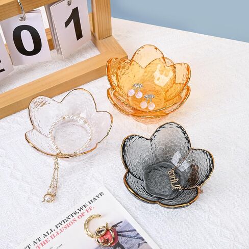 Koythin 3-Piece Glass Jewelry Tray, Small Trinket Holder for Necklace Bracelet Earring, Ring Holders for Bathroom, Aesthetic Trinket Dish, Flower Nightstand Decor for Girl Mom (Transparent White) in Saudi Arabia