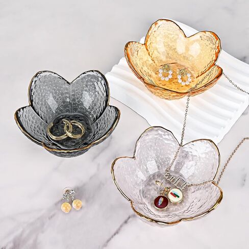 Koythin 3-Piece Glass Jewelry Tray, Small Trinket Holder for Necklace Bracelet Earring, Ring Holders for Bathroom, Aesthetic Trinket Dish, Flower Nightstand Decor for Girl Mom (Transparent White) in Saudi Arabia