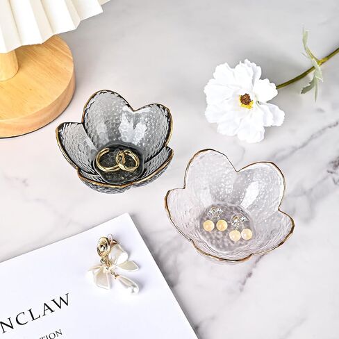 Koythin 3-Piece Glass Jewelry Tray, Small Trinket Holder for Necklace Bracelet Earring, Ring Holders for Bathroom, Aesthetic Trinket Dish, Flower Nightstand Decor for Girl Mom (Transparent White) in Saudi Arabia