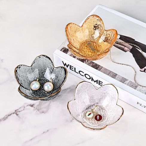 Koythin 3-Piece Glass Jewelry Tray, Small Trinket Holder for Necklace Bracelet Earring, Ring Holders for Bathroom, Aesthetic Trinket Dish, Flower Nightstand Decor for Girl Mom (Transparent White) in Saudi Arabia
