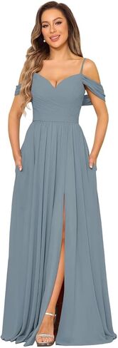 Off Shoulder Bridesmaid Dresses Long Slit 2025 Sweetheart Chiffon A Line Formal Party Dress with Pockets XOD010 in Saudi Arabia