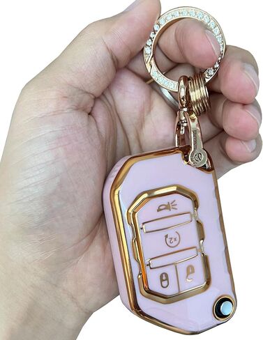 Keyless Entry Systems for Jeep Key Fob Cover Fits for Jeep Wrangler JLU JL Gladiator Rubicon JT Car Flip Remote Smart Key (Pink-Gold) in Kuwait