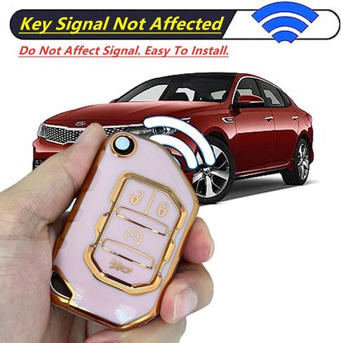 Keyless Entry Systems for Jeep Key Fob Cover Fits for Jeep Wrangler JLU JL Gladiator Rubicon JT Car Flip Remote Smart Key (Pink-Gold) in Kuwait