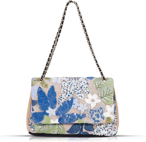 Handmade Sequin Embroidery Straw Tote - Bohemian Shoulder Bag, Large Capacity, Perfect for Vacation, Travel, Daily Use & Banquets (Blue Flower) in Saudi Arabia