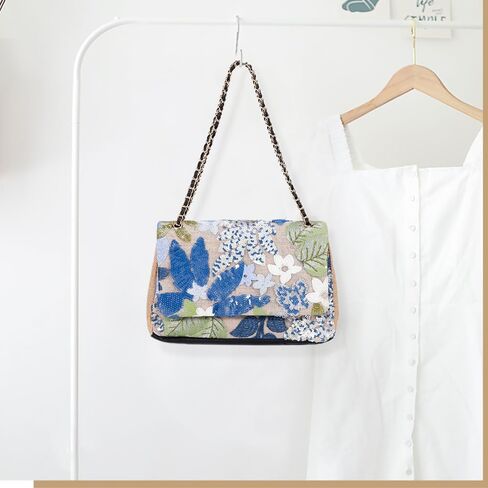 Handmade Sequin Embroidery Straw Tote - Bohemian Shoulder Bag, Large Capacity, Perfect for Vacation, Travel, Daily Use & Banquets (Blue Flower) in Saudi Arabia