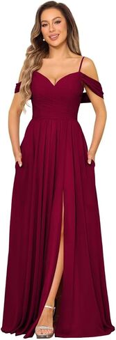 Off Shoulder Bridesmaid Dresses Long Slit 2025 Sweetheart Chiffon A Line Formal Party Dress with Pockets XOD010 in Saudi Arabia