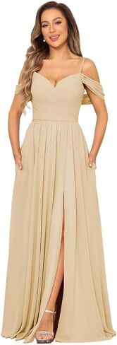 Off Shoulder Bridesmaid Dresses Long Slit 2025 Sweetheart Chiffon A Line Formal Party Dress with Pockets XOD010 in Saudi Arabia