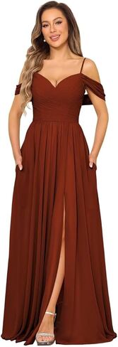 Off Shoulder Bridesmaid Dresses Long Slit 2025 Sweetheart Chiffon A Line Formal Party Dress with Pockets XOD010 in Saudi Arabia