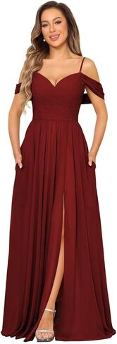 Off Shoulder Bridesmaid Dresses Long Slit 2025 Sweetheart Chiffon A Line Formal Party Dress with Pockets XOD010 in Saudi Arabia