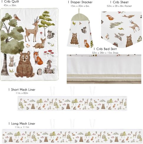 مجموعة مفروشات سرير أطفال محايدة للجنسين من Sweet Jojo Designs Woodland Forest Animals Boy Girl، غرفة حضانة الرضع، قابلة للتنفس، بطانة شبكية قابلة للتنفس، 6 قطع من أصدقاء الحيوان، الدب، الثعلب، القنفذ، ألوان مائية in Saudi Arabia