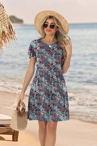 فساتين الصيف هيمون للنساء 2025 العطلات Sundresses قارب كشكش عنق القارب مع جيوب لخط فستان غير رسمي XS-2XL in Kuwait