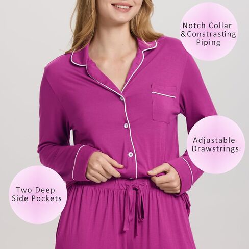 Tosmo Women Pajama يضع Viscose من Bamboo Long Sleeve Sleepwear Super-Soft المريح أسفل صالة النوم PJS in Kuwait