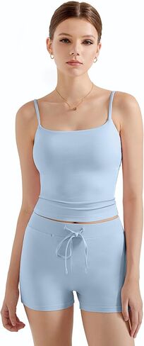 SUUKSESS Women 2 Piece Lounge Sets Pajama Shorts Set Square Neck Double Layer Cami Tank Top in Saudi Arabia