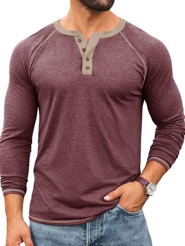 Yousify Mens Henley قمصان طويلة الأكمام غير الرسمية القمصان الأساسية T الزر خمر القطن خفيفة الوزن TEE in Kuwait