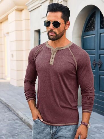 Yousify Mens Henley قمصان طويلة الأكمام غير الرسمية القمصان الأساسية T الزر خمر القطن خفيفة الوزن TEE in Kuwait