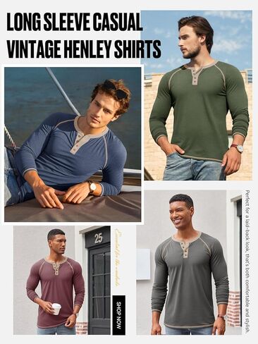 Yousify Mens Henley Shirts Long Sleeve Casual Basic T Shirts Button Vintage Lightweight Cotton Tee Tops in Saudi Arabia