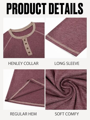 Yousify Mens Henley قمصان طويلة الأكمام غير الرسمية القمصان الأساسية T الزر خمر القطن خفيفة الوزن TEE in Kuwait