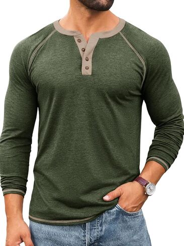 Yousify Mens Henley قمصان طويلة الأكمام غير الرسمية القمصان الأساسية T الزر خمر القطن خفيفة الوزن TEE in Kuwait