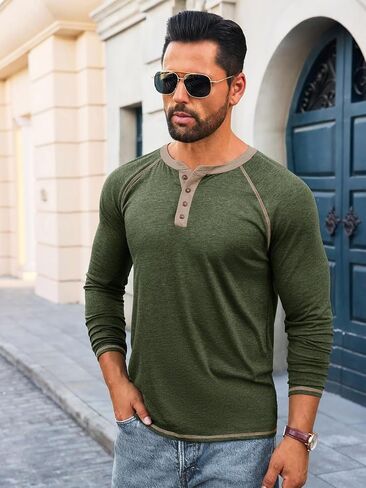 Yousify Mens Henley قمصان طويلة الأكمام غير الرسمية القمصان الأساسية T الزر خمر القطن خفيفة الوزن TEE in Kuwait