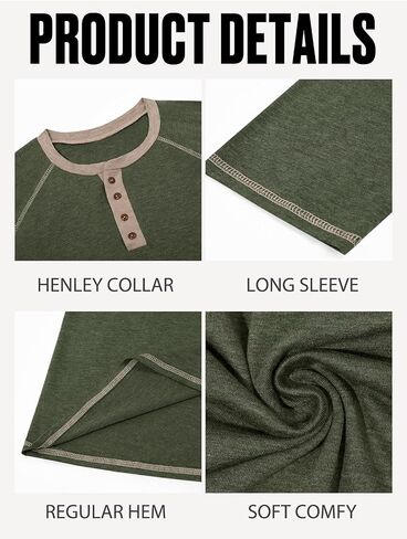 Yousify Mens Henley قمصان طويلة الأكمام غير الرسمية القمصان الأساسية T الزر خمر القطن خفيفة الوزن TEE in Kuwait