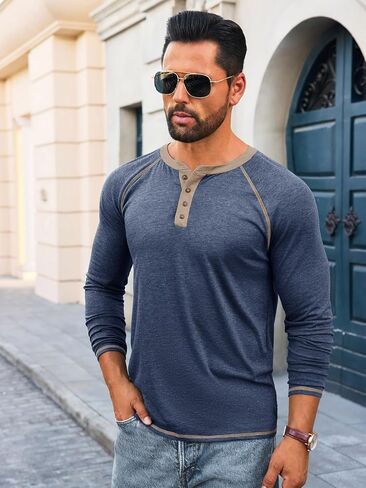 Yousify Mens Henley Shirts Long Sleeve Casual Basic T Shirts Button Vintage Lightweight Cotton Tee Tops in Saudi Arabia