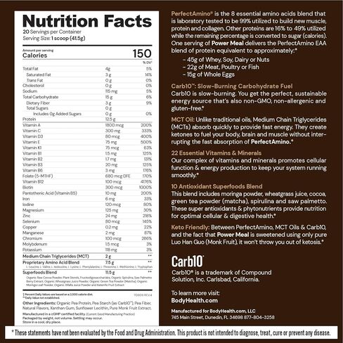 BodyHealth PerfectAmino Power Meal Shake New Dark Chocolate Flavor with MCT Oil Carb 10 and Perfect Amino Protein Base (20 Servings) in Kuwait