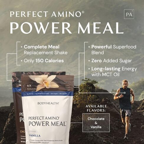 BodyHealth PerfectAmino Power Meal Shake New Dark Chocolate Flavor with MCT Oil Carb 10 and Perfect Amino Protein Base (20 Servings) in Kuwait