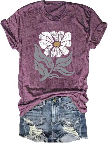 Womens Boho Floral Shirt Vintage Flower Graphic Tee T-Shirt Summer Short Sleeve T Shirts Cute T Shirt Tops in Saudi Arabia