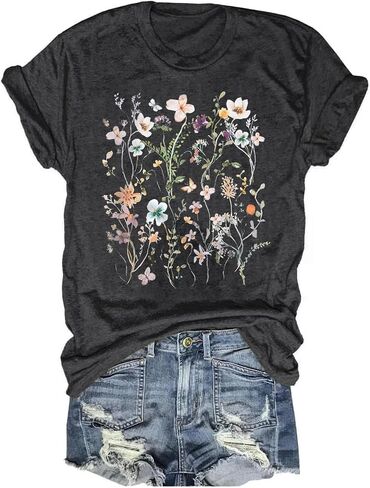 Womens Boho Floral Shirt Vintage Flower Graphic Tee T-Shirt Summer Short Sleeve T Shirts Cute T Shirt Tops in Saudi Arabia