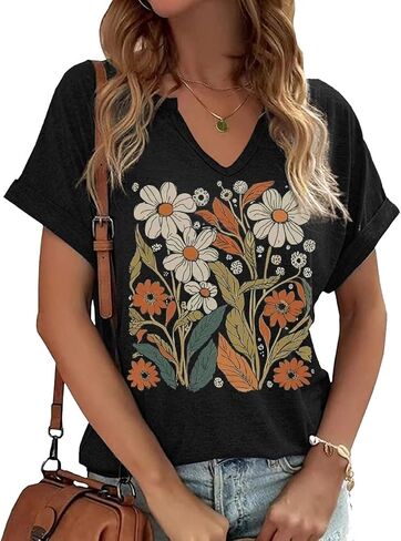 Womens Boho Floral Shirt Vintage Flower Graphic Tee T-Shirt Summer Short Sleeve T Shirts Cute T Shirt Tops in Saudi Arabia