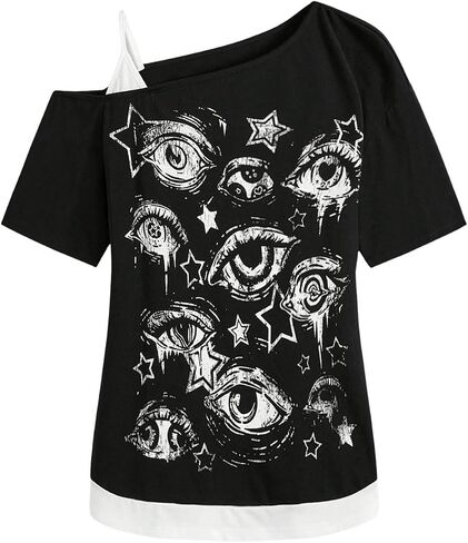 SOLY HUX Women's Gothic Grunge Cold Shoulder Short Sleeve T Shirts 2 in 1 Asymmetrical Tee Tops in Saudi Arabia