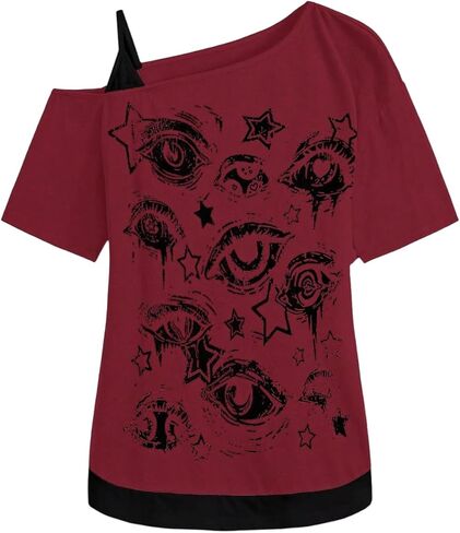 SOLY HUX Women's Gothic Grunge Cold Shoulder Short Sleeve T Shirts 2 in 1 Asymmetrical Tee Tops in Saudi Arabia