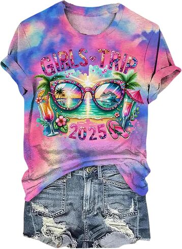 Bomerytoo Girls Trip 2025 قميص للنساء الرحلات الاستوائية الرحلية TIE T-Shirt أشجار النخيل الأشجار الشمسية in Kuwait