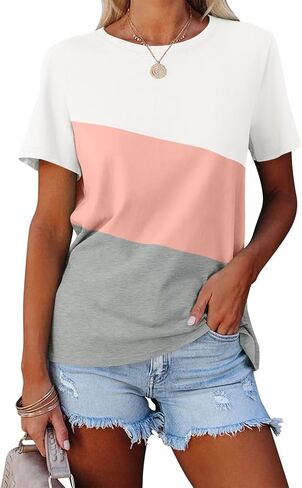 Minetom Women's T Shirts Short Sleeve Color Block/Solid Tops Casual Summer Tees in Kuwait
