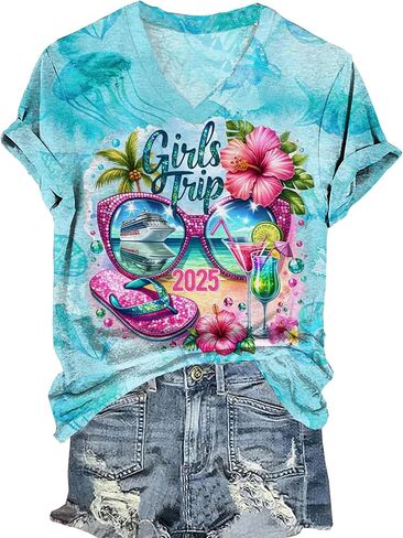 Bomerytoo Girls Trip 2025 قميص للنساء الرحلات الاستوائية الرحلية TIE T-Shirt أشجار النخيل الأشجار الشمسية in Kuwait