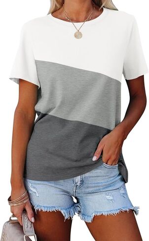 Minetom Women's T Shirts Short Sleeve Color Block/Solid Tops Casual Summer Tees in Kuwait