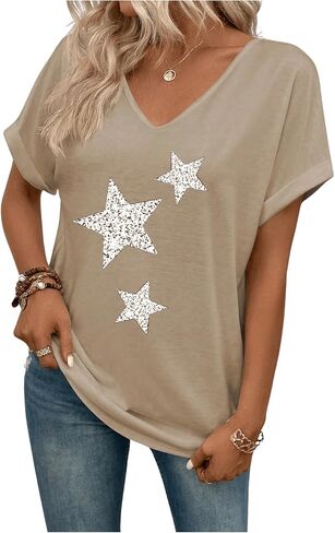 SweatyRocks Women's V Neck Dolman Short Sleeve Star Print Tee Shirts Summer Tops in Saudi Arabia